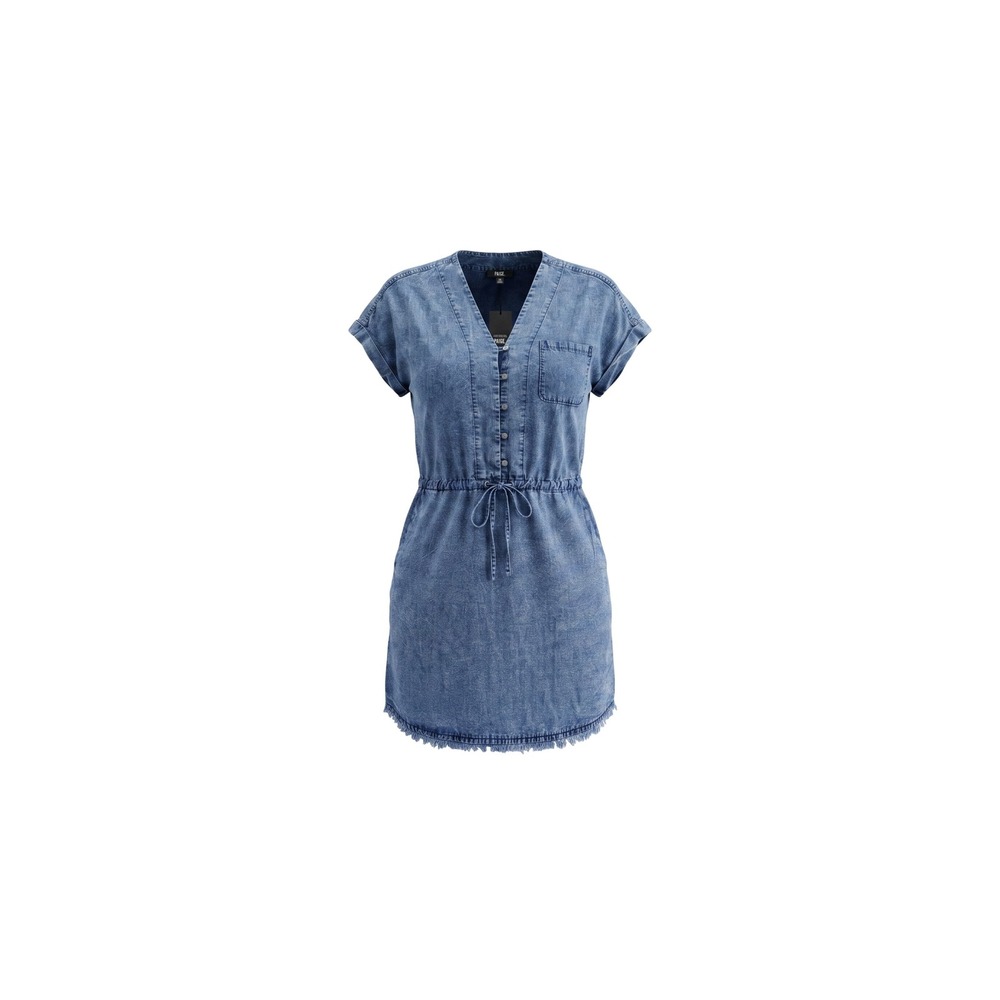PAIGE Haidee Dress Vargas Blue Tencel Mini Button Front Frayed Hem 4404G71-4759